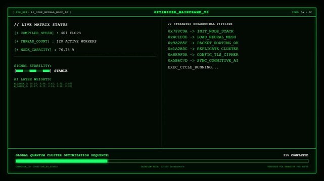 Sci fi optimizer mainframe UI screen showing green AI core neural node status and streaming hexadecimal pipeline data.