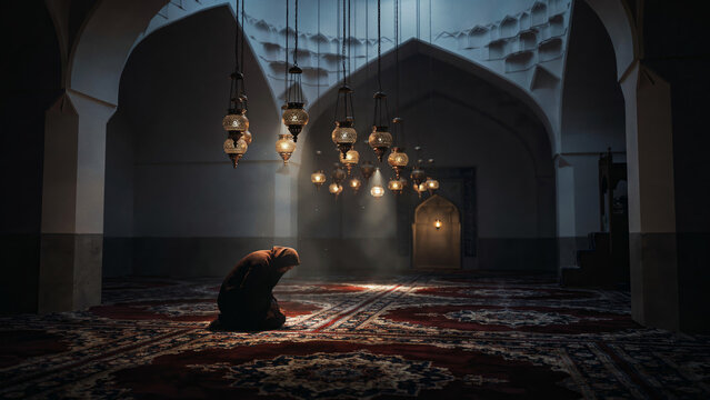 Muslim worshiper kneels in prayer on a patterned carpet inside a dimly lit traditional mosque with hanging decorative lanterns.