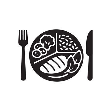 Healthy Balanced Meal Plate Icon &ndash; Nutrition, Portion Control, and Diet Food Vector Silhouette