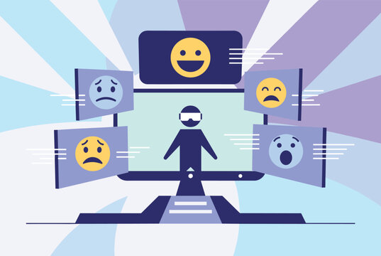 Human computer interaction showing various emoticons on screens surrounding a central figure, representing digital emotional feedback.