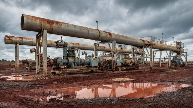 Outdoor view of bauxite slurry pumping station with exposed pipelines and pumps on racks under cloudy skies highlighting industrial robustness