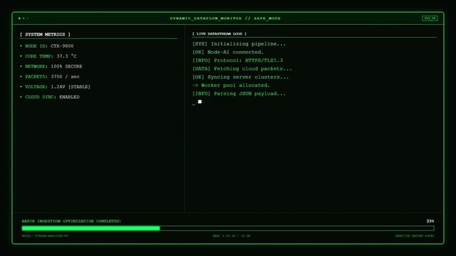 Sci fi dynamic dataflow monitor UI screen showing green system metrics log and batch ingestion loading progress bar.