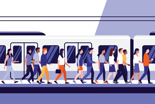 Diverse group of commuters walk along a subway platform next to a modern train during busy morning rush hour transit.