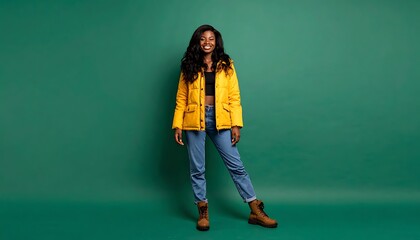 Fototapeta premium Young woman in yellow jacket standing.