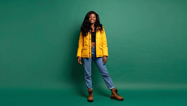 Young woman in yellow jacket standing.