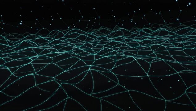 Abstract AI Cyber Space Grid Loop with Undulating Cyan Wireframe Terrain and Constellation Star Sky

