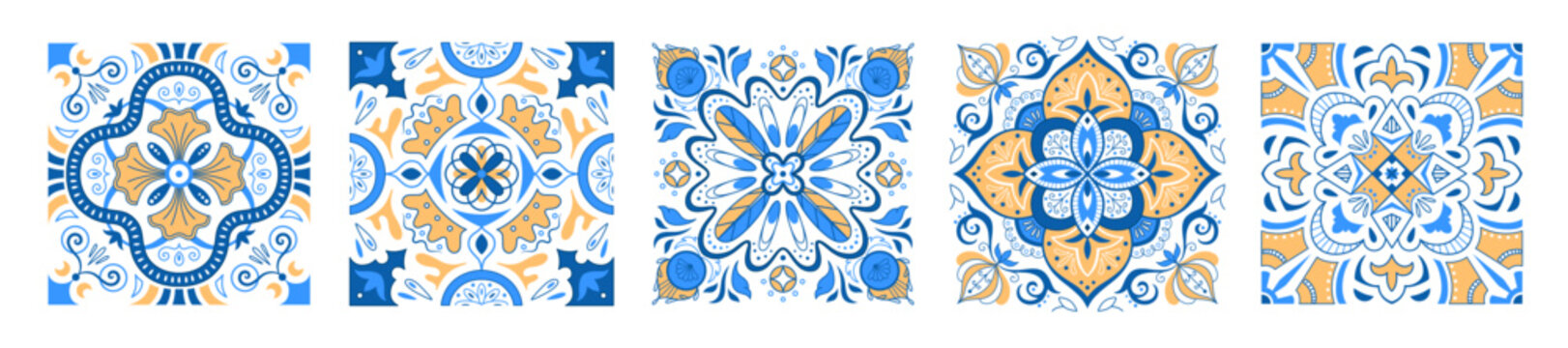 Mediterranean tile patterns, blue yellow vector illustration on white background. Greek mosaics geometric elements for seamless frames, ornamental design, traditional italian, portuguese style