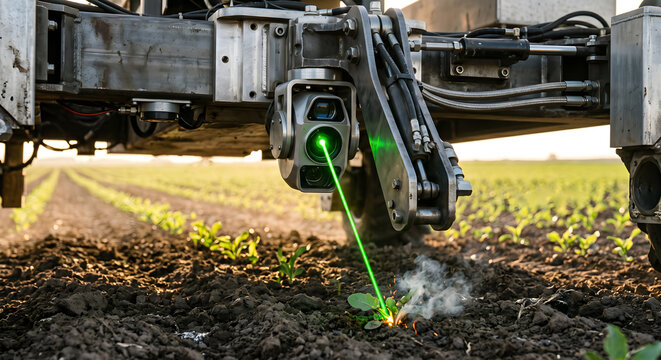 Agricultural robot uses green laser to zap weeds in a field of young plants during sunset close-up.