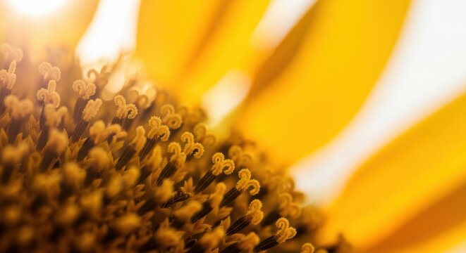 Macro close up of sunflower stigmas and yellow petals in warm golden sunlight during summer bloom
