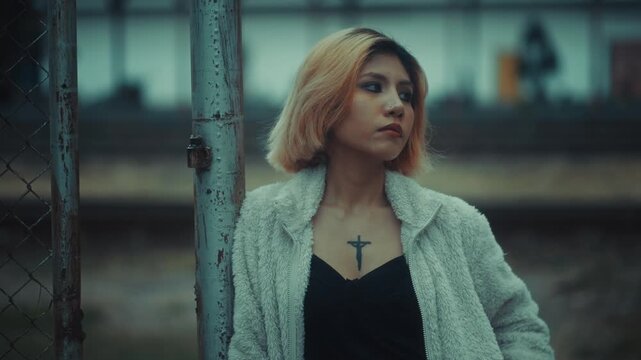 Young woman leaning on pole by chainlink fence in industrial urban setting