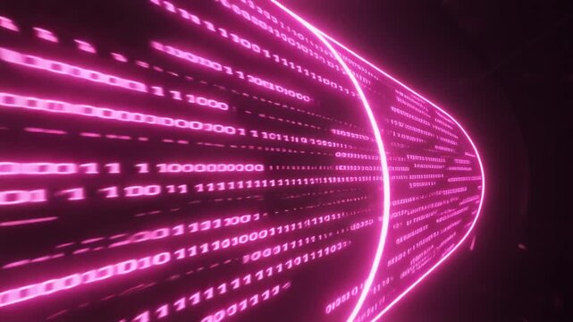 Fast tracking shot of neon pink light capsule rushing in vacuum tube tunnel, symbolizing ultra high speed transit technology and data packet routing conveying secure cloud network