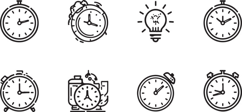 Set of icons representing time management, including alarm clocks, a lightbulb symbolizing ideas, and various clock faces indicating different times for daily routines and planning