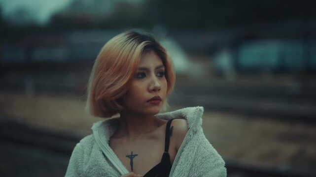 Young woman standing by railway tracks at dusk with fleece jacket