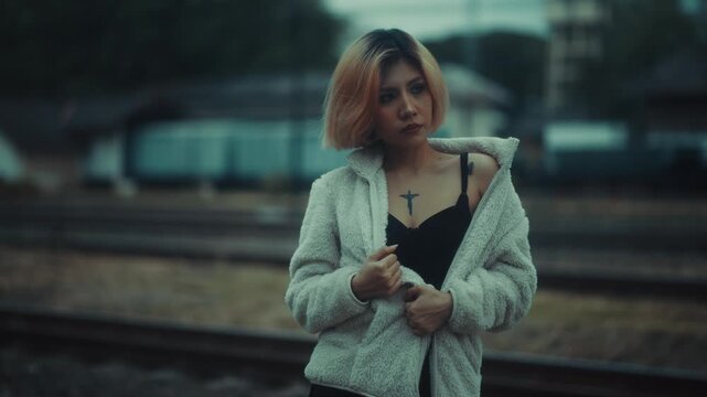 Young woman standing by railway tracks at dusk with fleece jacket