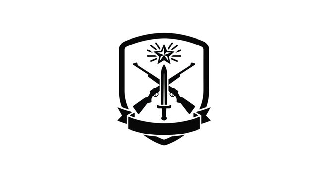 Crossed rifles and sword silhouette within a shield shaped emblem black on white