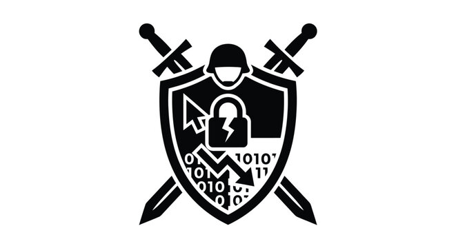 Shield With Binary Code Lock And Swords Black Silhouette