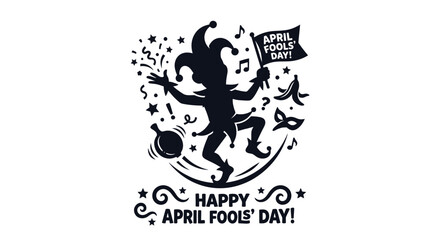 Fototapeta premium Jester Silhouette With April Fools Day Banner Black On White