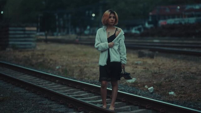 Young woman barefoot on railroad tracks at dusk