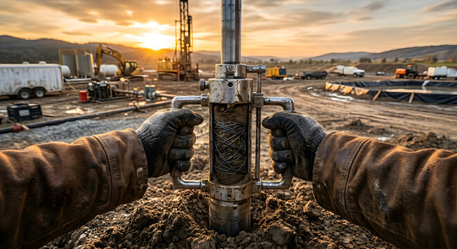 Worker wearing brown leather gloves holding soil sampling tool at oil drilling site during sunset golden hour.