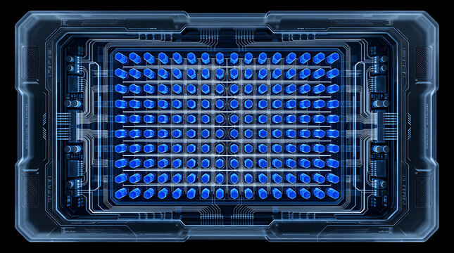 Microchip array displays a grid of illuminated blue nodes encased within a transparent protective housing designed for advanced laboratory research and high capacity automated data storage solutions.