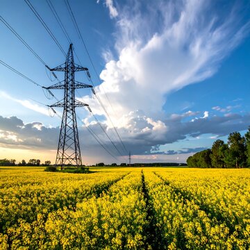 A tall metal electrical tower extends towards a vibrant sky with wispy clouds, overlooking a field of yellow flowers