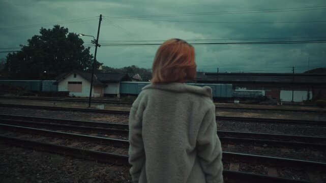 Blonde woman standing on gravel platform beside passing train at dusk