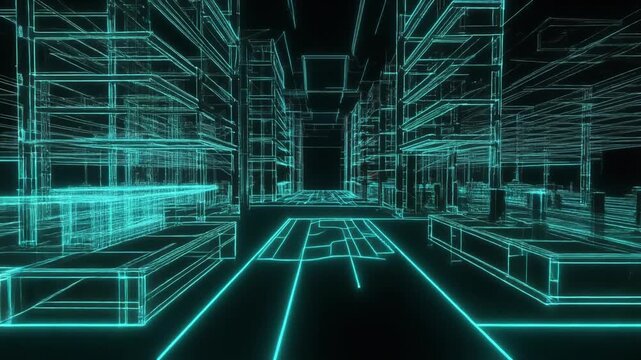 Fast wireframe blueprint fly through of 3d logistics facility layout, capturing smart warehouse architecture and automated industrial optimization symbolizing digital twins