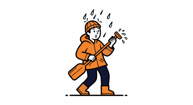 Cartoon Character Playing Guitar in the Rain Coat.