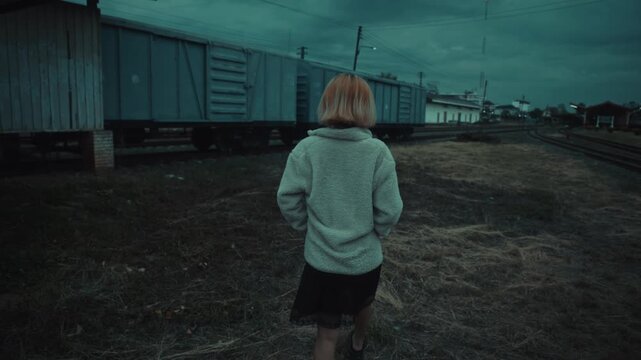 Young woman standing beside freight train on desaturated dusk railway