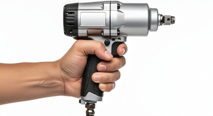 Naklejka premium Pneumatic impact wrench held by hand against a plain white background.