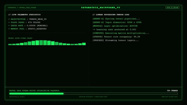 Sci fi data matrix mainframe UI screen showing green tensor processing logs neural layer signal graph and data stream loading progress bar.