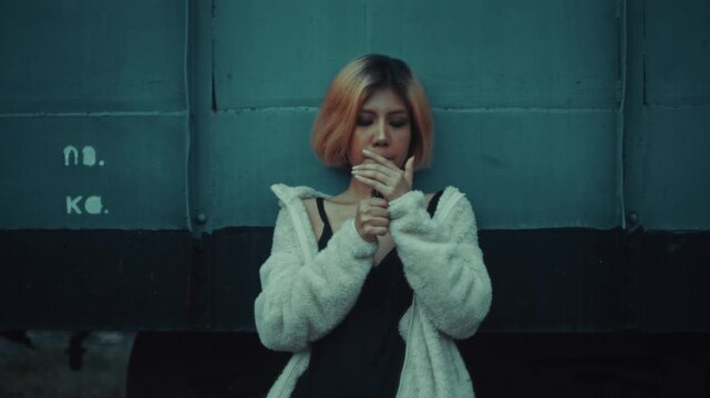 Young woman smoking by textured metal wall at night