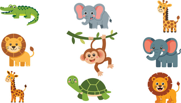 Adorable safari animal character collection with smiling elephant calves spotted giraffes mane lions and walking reptiles for nursery pattern graphic assets