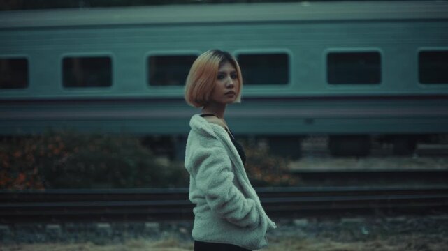 Blonde woman standing on gravel platform beside passing train at dusk