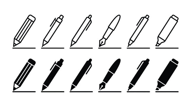 Minimalist black and white vector icon set featuring various writing instruments and office stationery tools