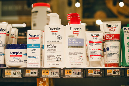 A shelf featuring Eucerin children's skincare products&mdash;including lotions, shampoos, and eczema creams at a ShopRite store in Philadelphia, Pennsylvania, USA, on June 3, 2026.