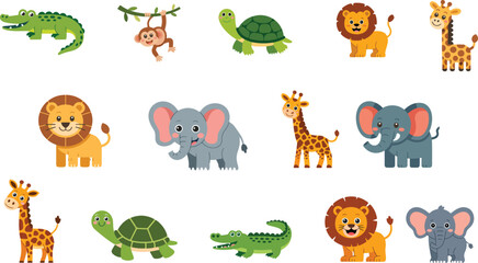 Adorable safari animal character collection with smiling elephant calves spotted giraffes mane lions and walking reptiles for nursery pattern graphic assets © Mousumi
