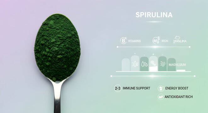 Vibrant green spirulina powder spoon showcases vital nutrients for ultimate wellness, immune support, and energy.