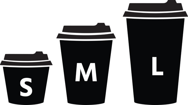 coffee, cup, size, small, medium, large, drink, beverage, caf&eacute;, barista, takeaway, menu, option, portion, service, shop, restaurant, symbol, icon, vector, illustration, design, outline, silhouette, mi