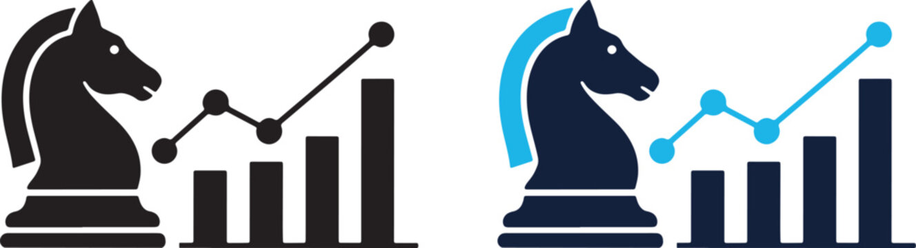 Strategic planning and data analysis icon. Chess piece with rising graph symbol showing business intelligence, success metrics, and corporate performance design. 