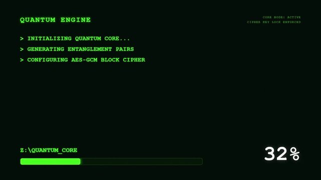 Sci fi quantum engine UI screen showing green cryptography cipher lock logs and core subsystem encryption stream progress bar.