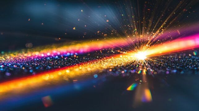 Laser beam divergence with radiant energy burst creating rainbow spectrum light rays and sparkling particles across reflective surface with bokeh effect