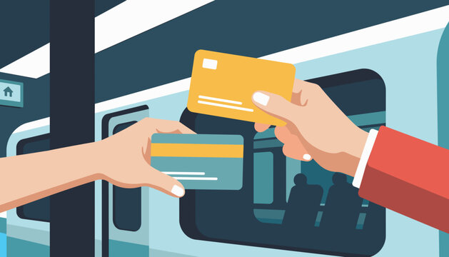 Hands exchanging public transport cards inside a train station  