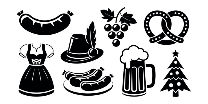 Black and white octoberfest themed including sausage dress hat grapes pretzels beer tree in white background