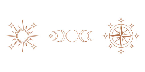 Copper line sun moon phases compass stars in white background © Tania