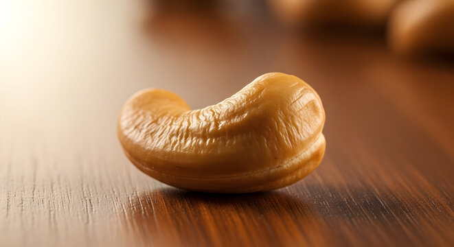 Single golden cashew nut rests on a warm wooden surface, beautifully lit with soft studio lighting, perfect for healthy eating promotions
