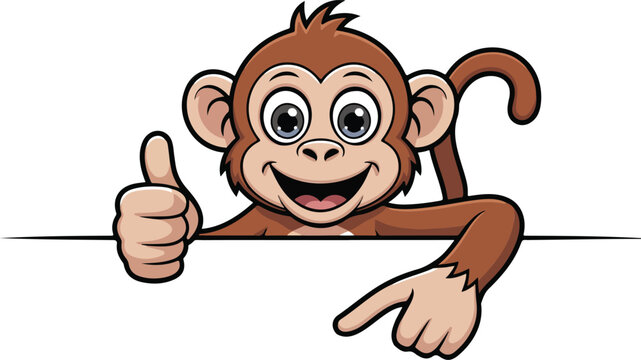 Smiling and liking jungle monkey character leaning over empty copy space board template with positive hand gesture approval sign for children advertising graphics