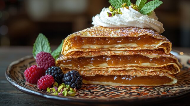 Cajeta crepes stacked with caramel filling layered between delicate thin pancakes on traditional pottery plate with fresh berries, whipped cream, mint garnish, premium restaurant