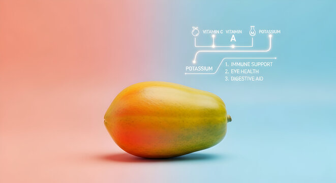 Vibrant papaya showcases essential nutrients like Vitamin C, A, and Potassium, highlighting benefits for immune support, eye health, and digestion.