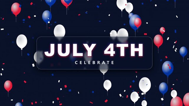 Animated July 4th Celebration Background With Balloons and falling confetti dark blue background.